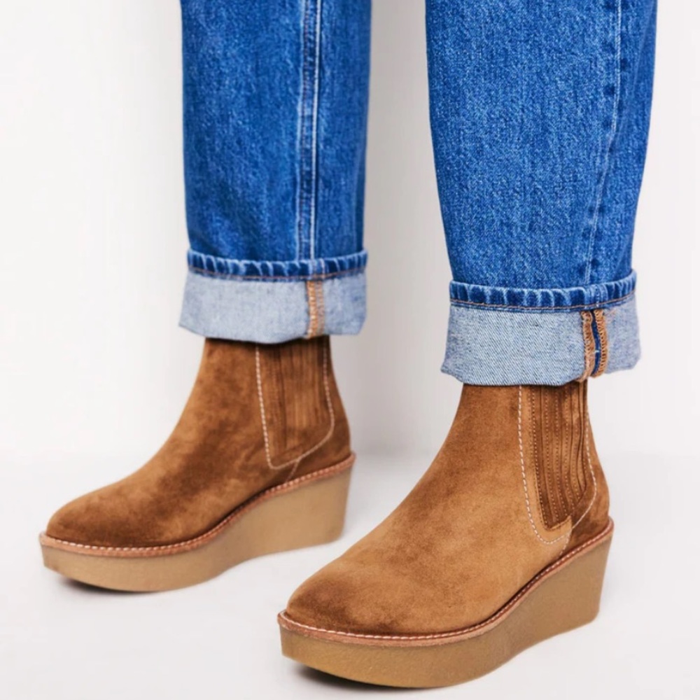Boden Suede Wedge Ankle Boots in Tan